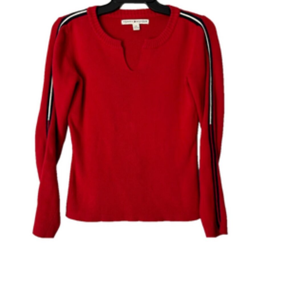 Vintage Y2K Tommy Hilfiger Women's Red V-Neck Sweater Size SP